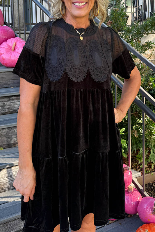 Lace Sheer-Yoke Velvet Shift Dress