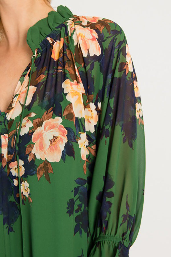 Elasticized Ruffle Collar Floral Dress