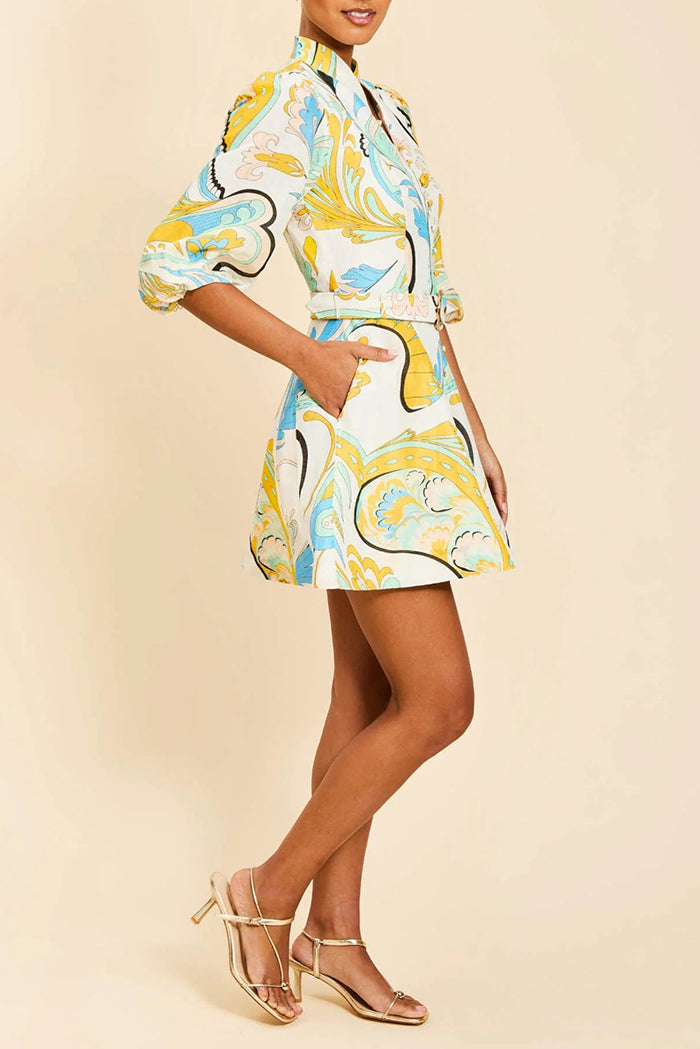 Belted Balloon Sleeve Printed Mini Shirt Dress