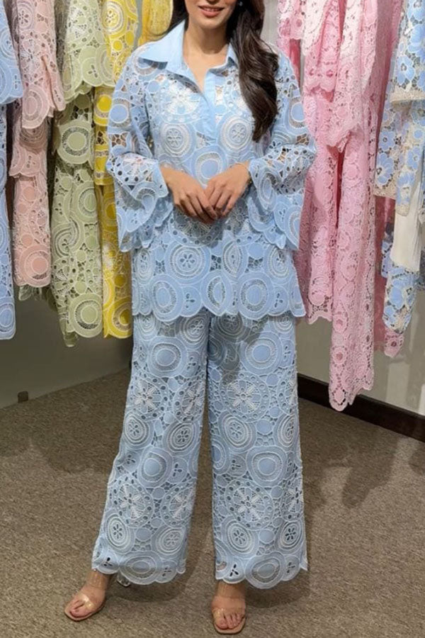 Casual Solid Color Cutwork Set