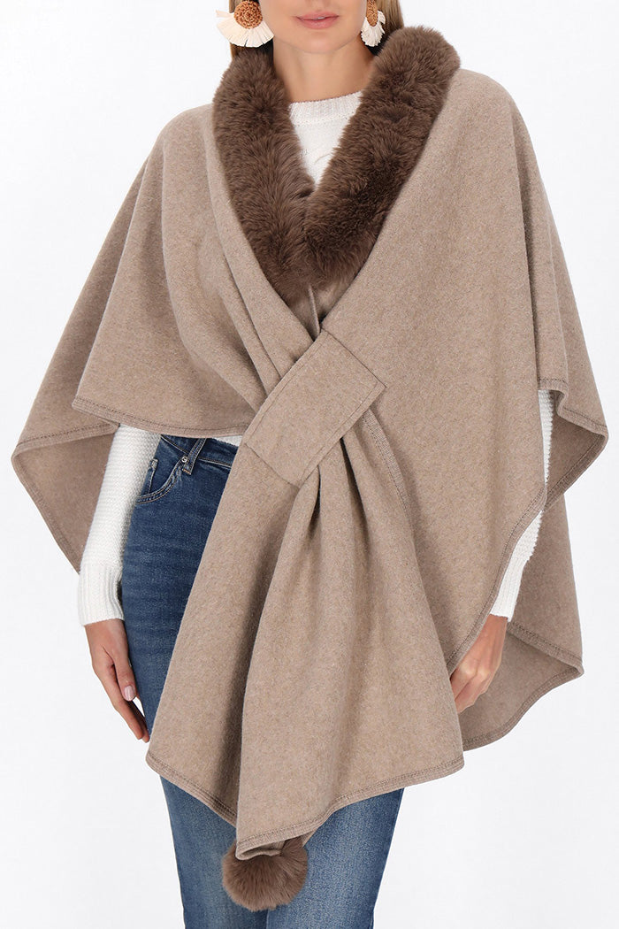Furry Collar Casual Slip-On Poncho