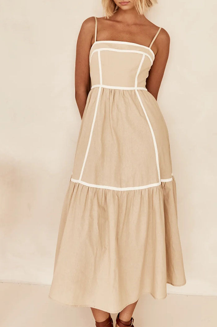 Striped Trim Solid Color Suspender Dress