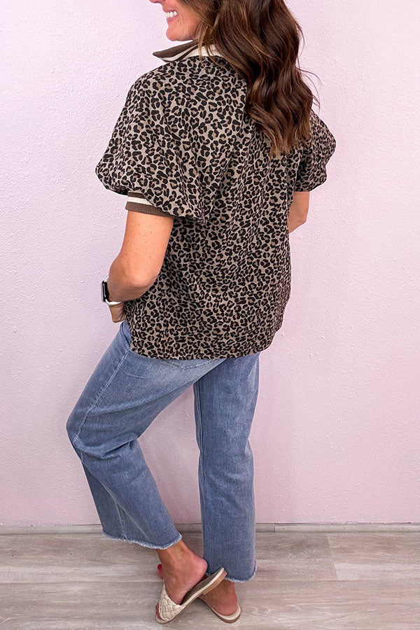 Leopard Puff Sleeve Zipper Top