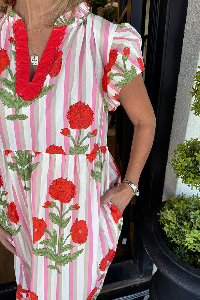 Striped Floral Ruffle Sleeve Pocket Dress