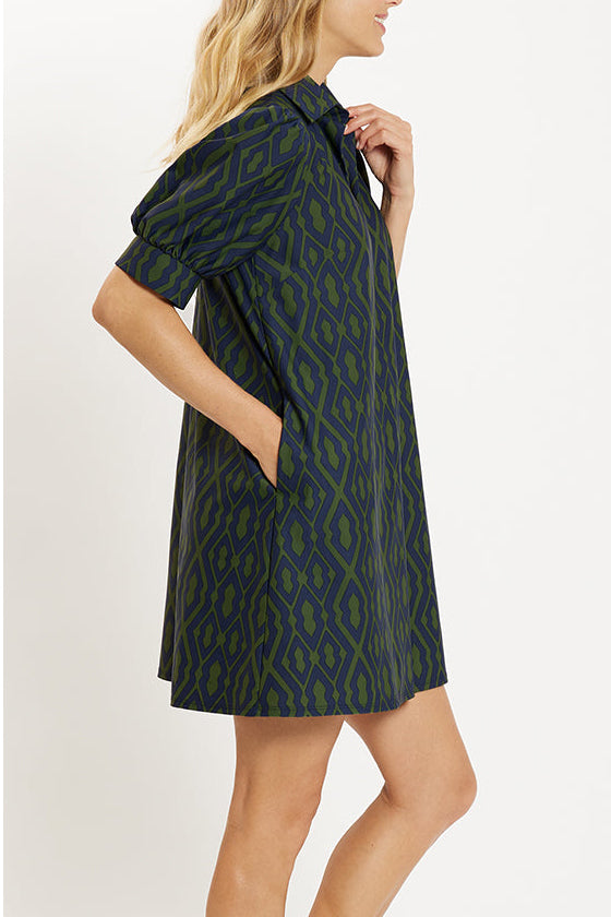 V-Neck Trellis Navy Pockets Dress