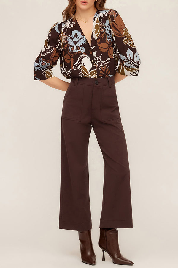 Shirred Sleeve Button-Up Top