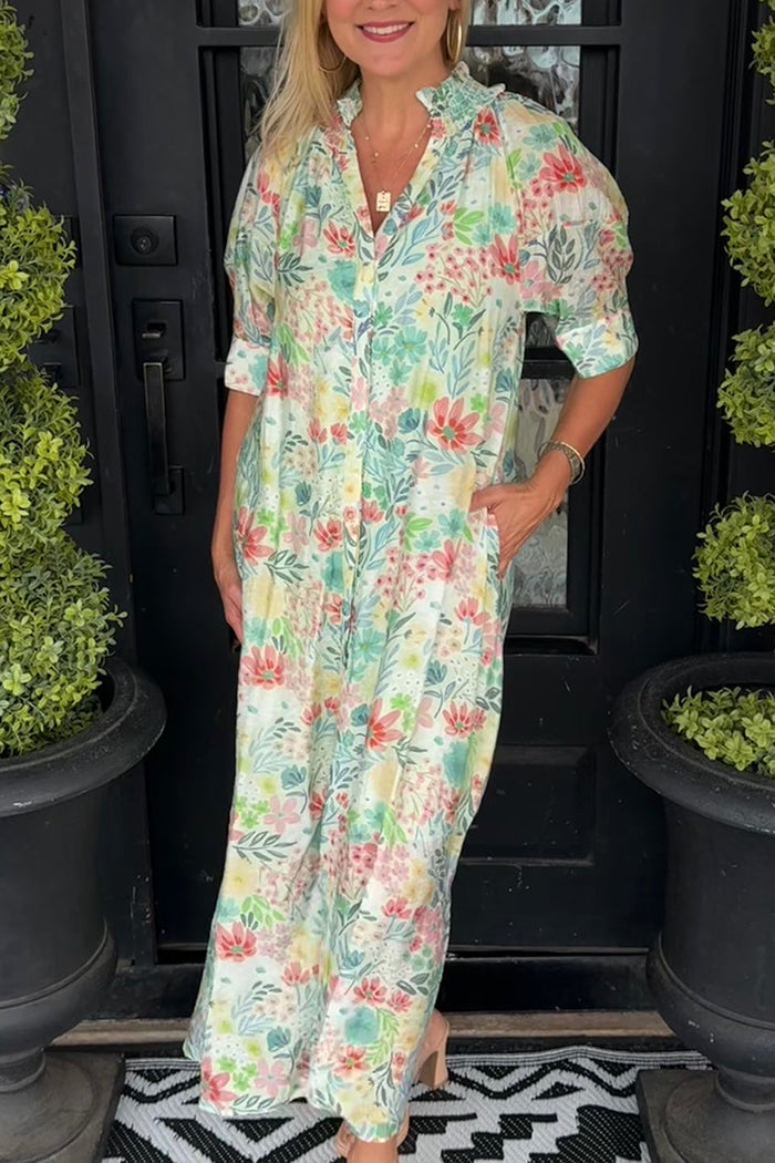 Button Front Floral Pocket Dress