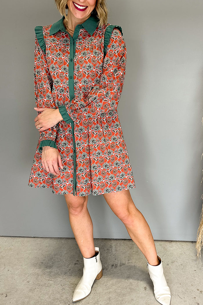 Printed Waist-Cinched Shirt Collar Button Mini Dress