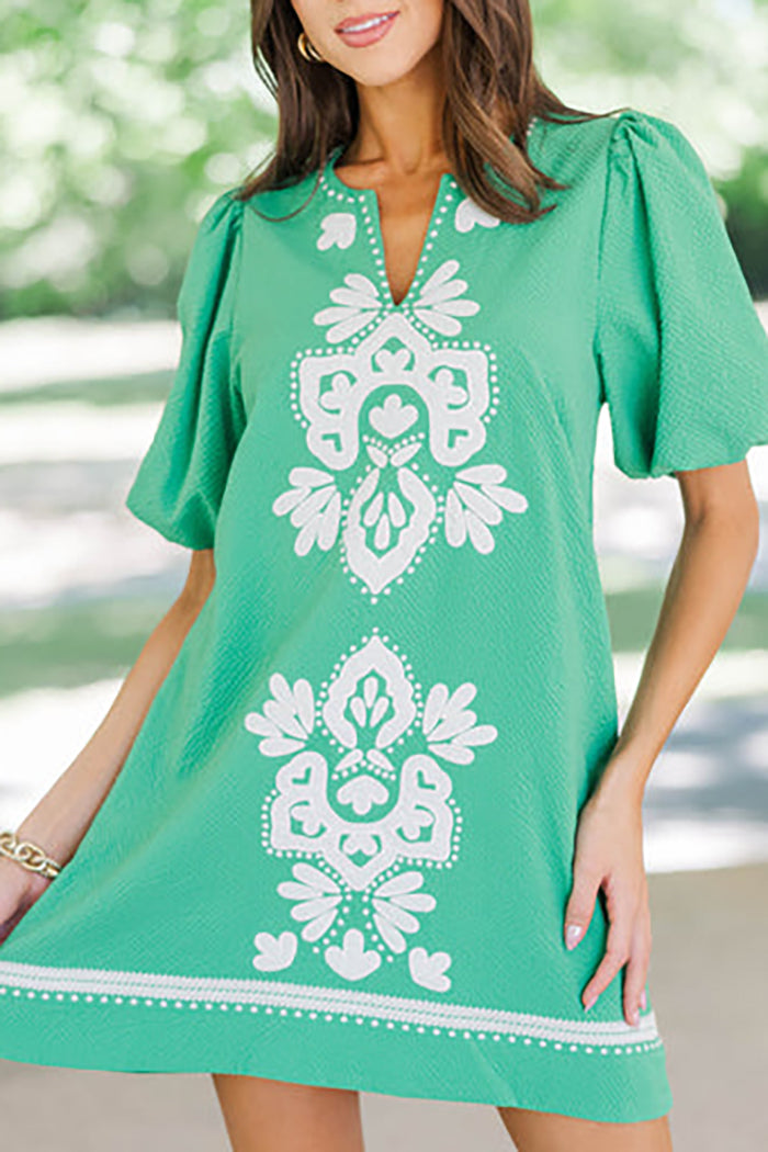 Ethnic Print Puff Sleeve Dress