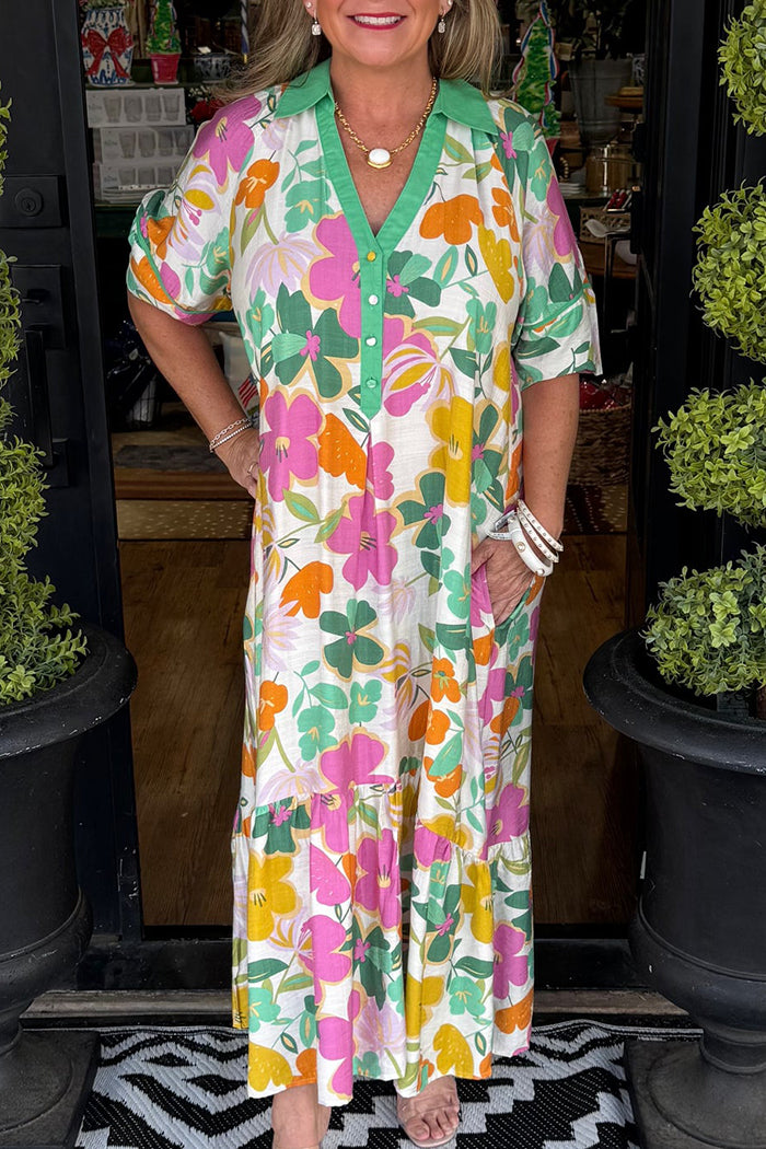Collared Half Button Floral Pocket Maxi Dress