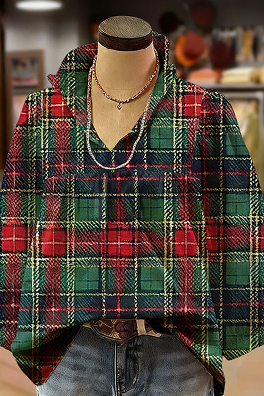 Plaid Print Ruffled V-Neck Puff-Sleeve Blouse