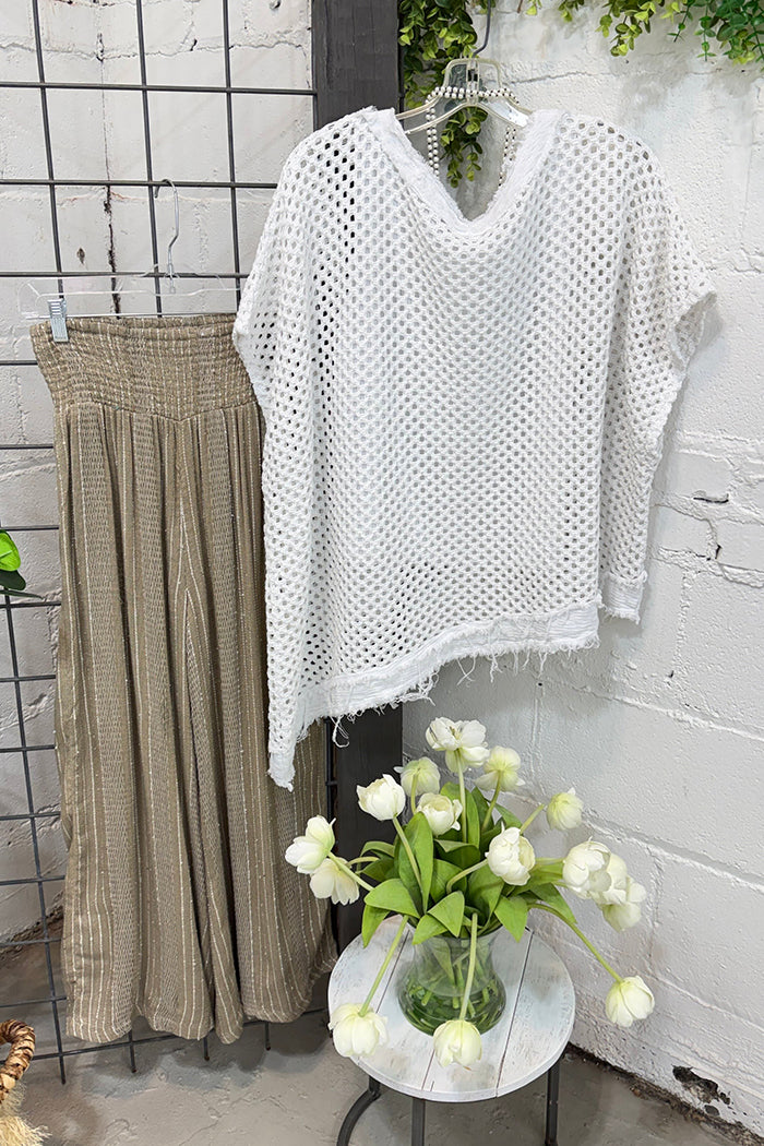 White Open Knit Fringe Hem Top & Wide Leg Pants Two Piece Set