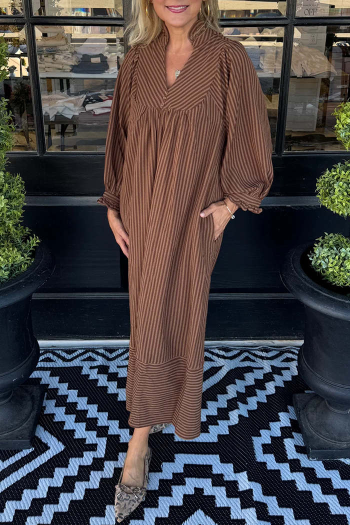 Vertical Stripe Long Sleeve Pocket Maxi Dress