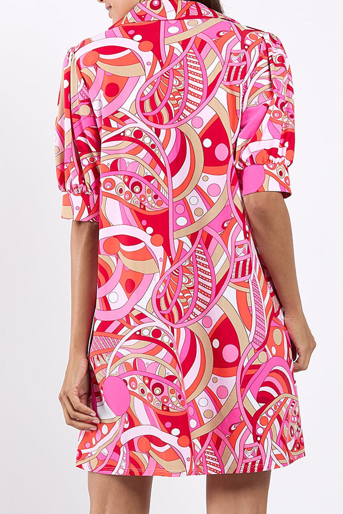 Collared Puffed Sleeve Pocket Dress