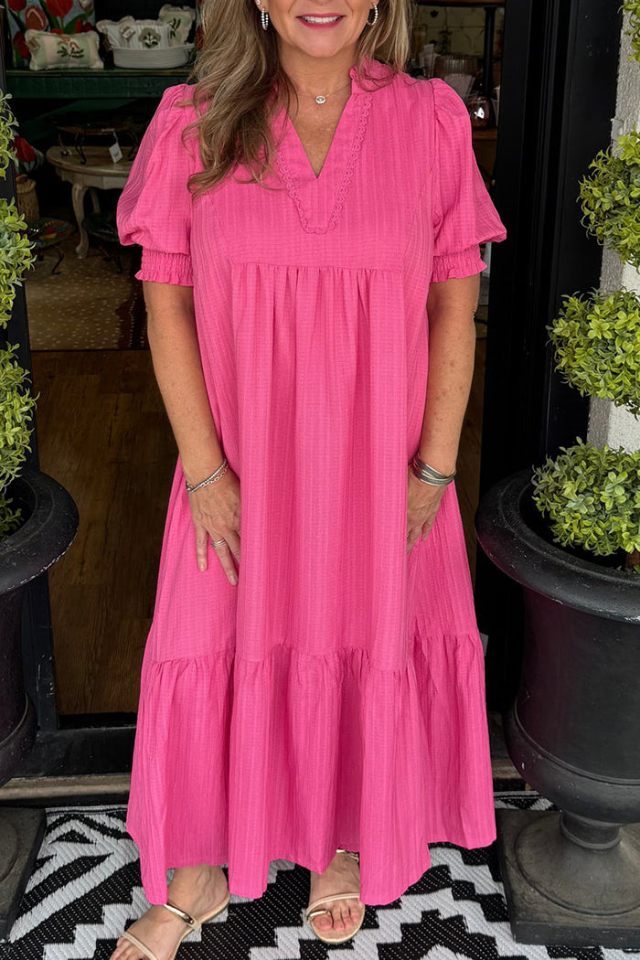 Puff Sleeve Pocket Tiered Maxi Dress