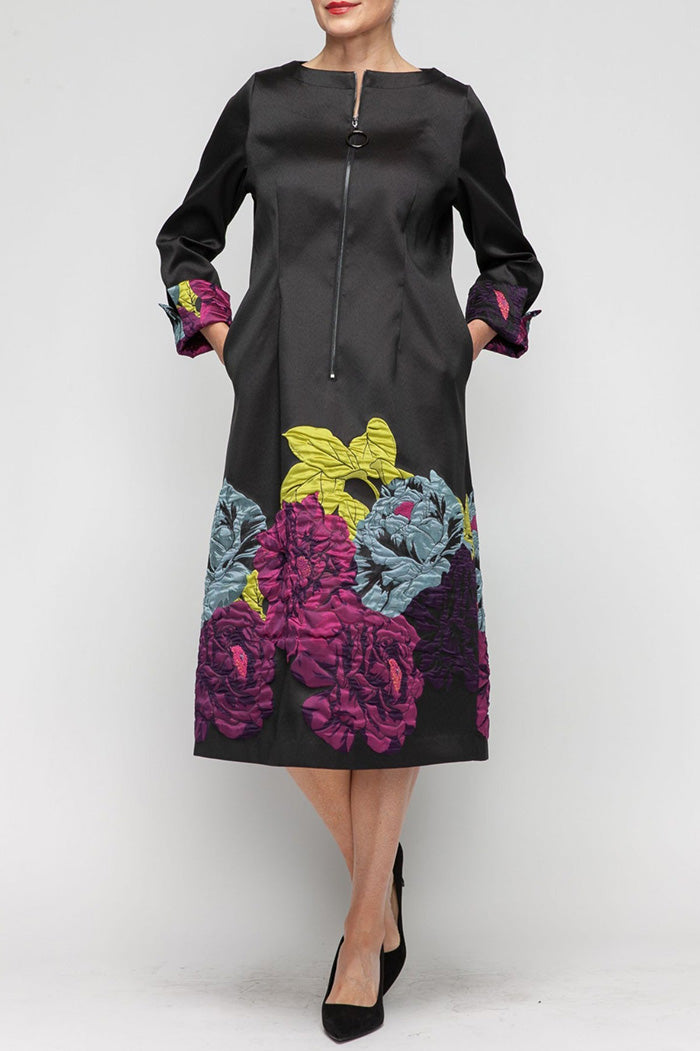 Zip Front Pocketed Jacquard Midi Dress