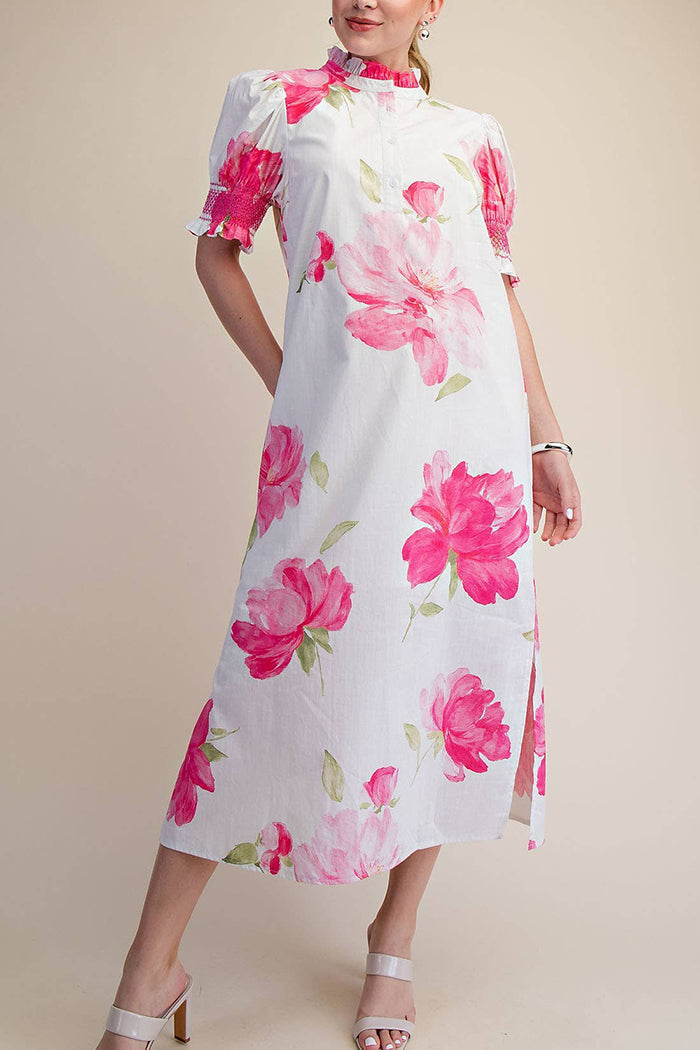 Floral Ruffle Neck Midi Dress