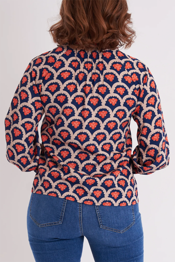 High Collar Button Print Top