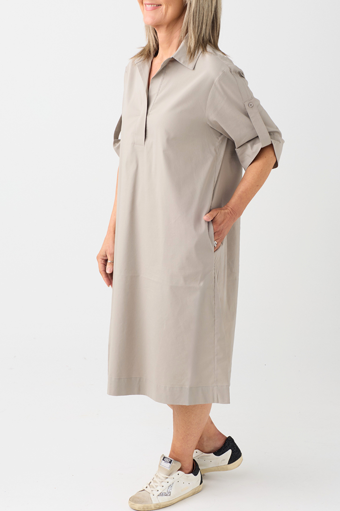 Khaki Collared Pocket Midi Dress