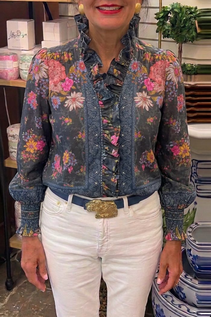 Casual Floral Print Ruffle Top