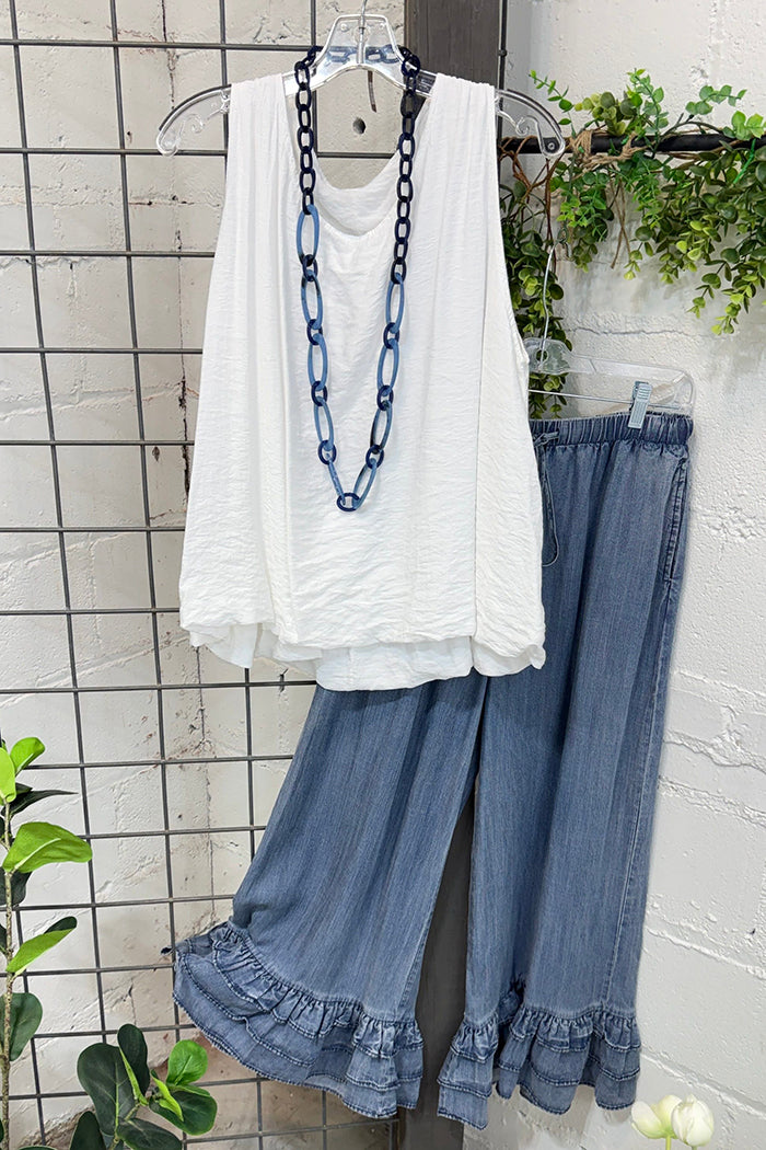 White Sleeveless Tank & Denim Ruffle Hem Wide Leg Pants Two Piece Set
