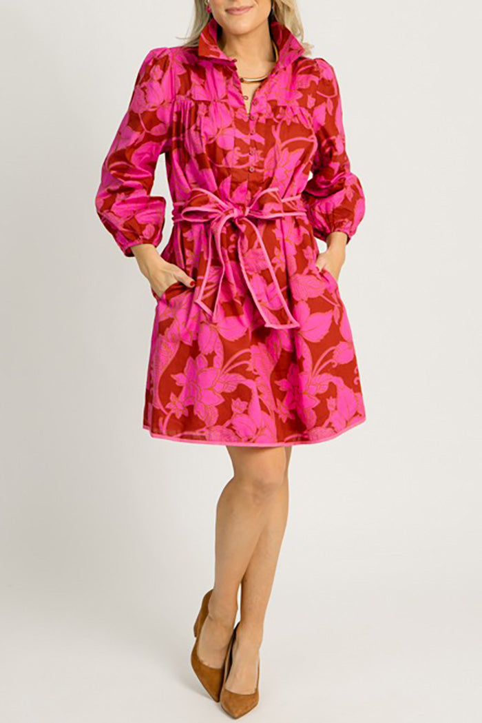 Vibrant Floral Adjustable Belt Pocket Dress
