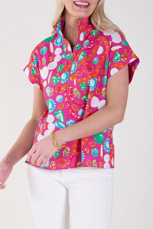 3/4 Zip Neckline Jewelry Box Print Top