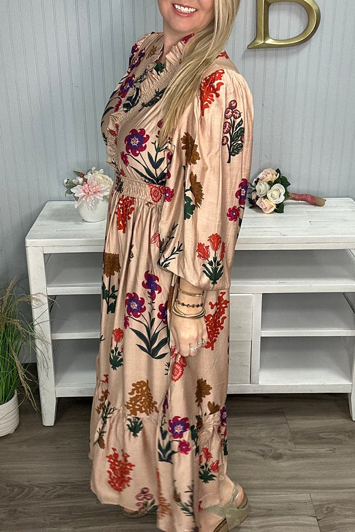 Floral Elastic Waist V Neck Long Dress