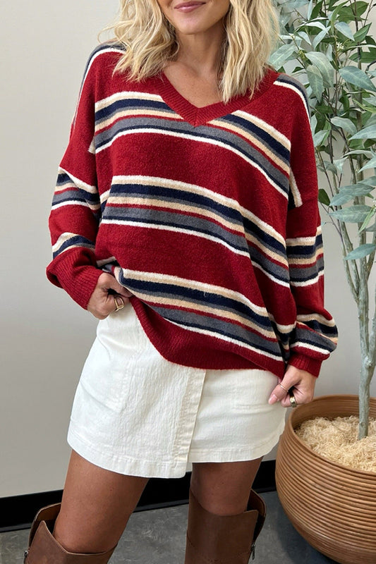 Multicolor Stripe V-Neck Sweater