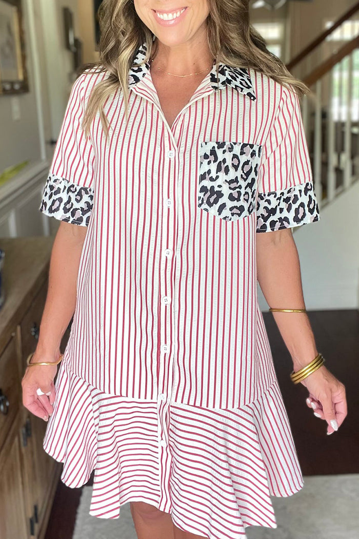 Striped Leopard Patch Shirt Dress