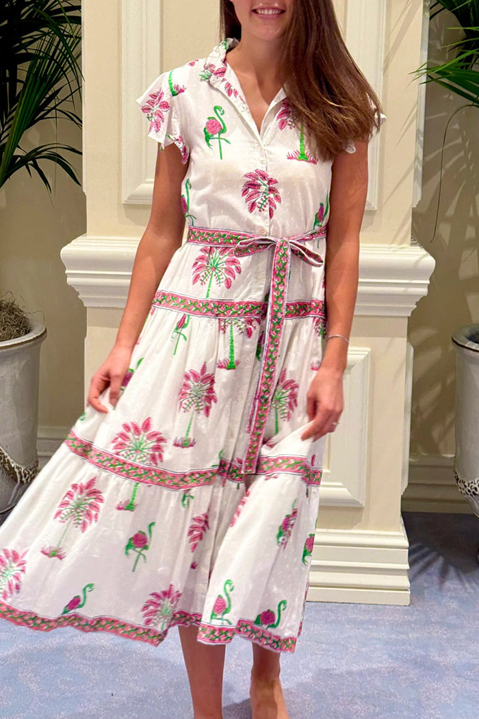 Ruffle Sleeve Printed Tie Waist Maxi Dress