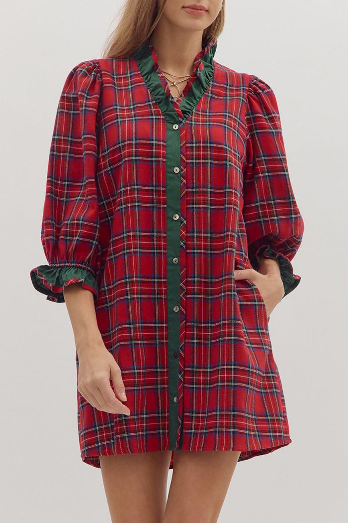 Holiday Ruffled-Neck Pocketed Button-Front Plaid Mini Dress