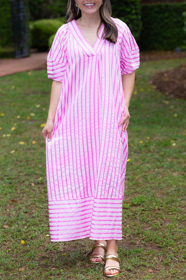Striped Puffle Sleeved Slit Dress