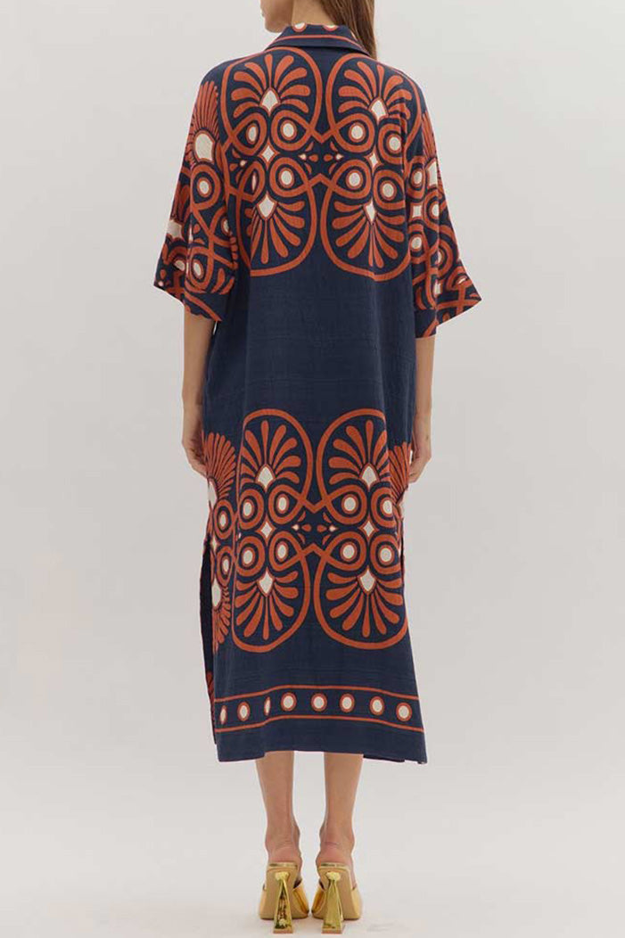 Pocketed Geometric Print Midi Dress