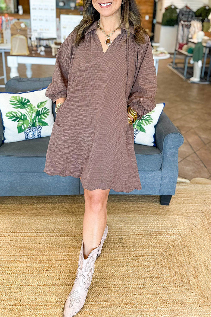 Pocketed Bubble Sleeve Scallop Dress