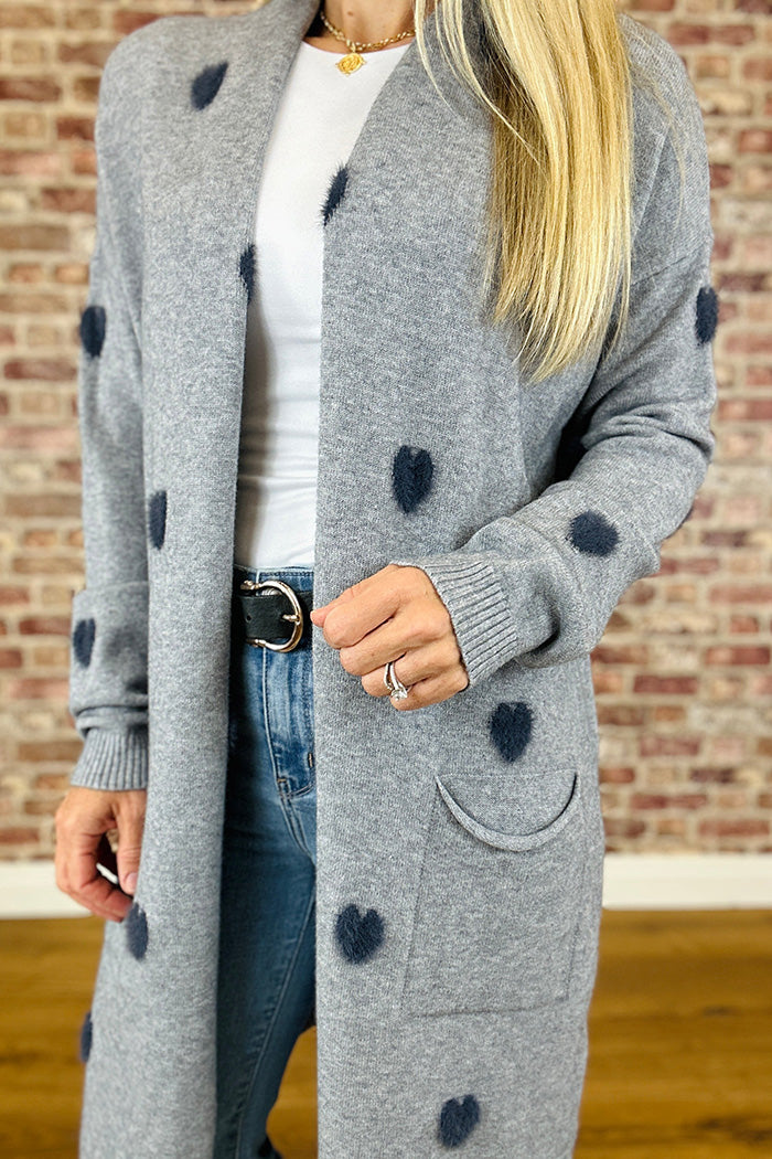 Fluffy Heart Front Pockets Knit Long Cardigan