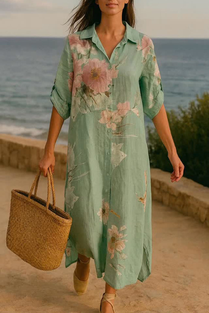 Linen Floral Button Down Maxi Dress
