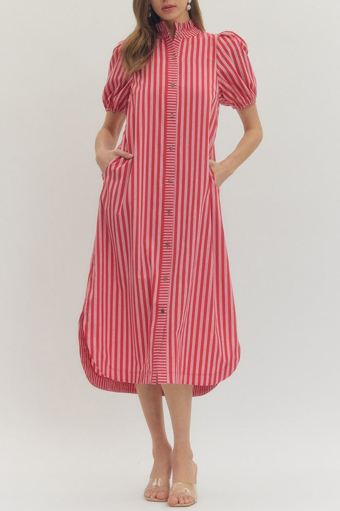 Striped Ruffle Neck Pocket Maxi Dress