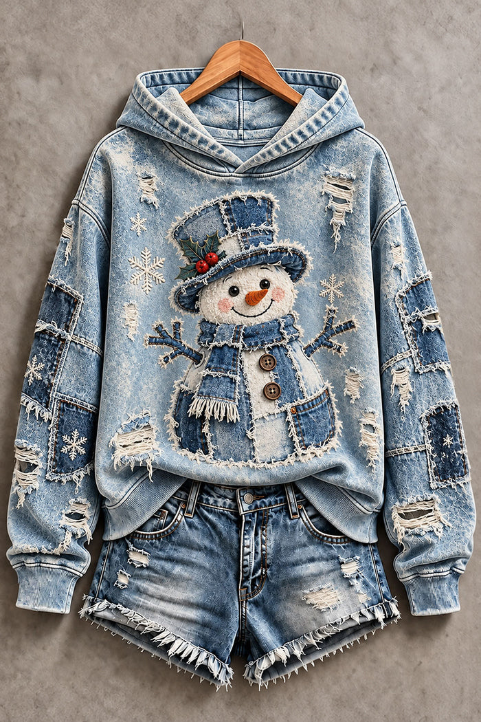 Vintage Distressed Denim Snowman Christmas Hoodie