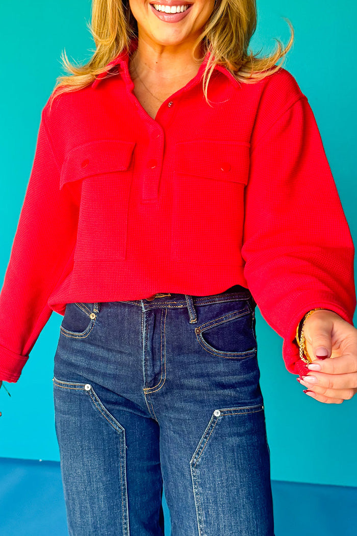 Pocketed Waffle Knit Cropped Shacket Top