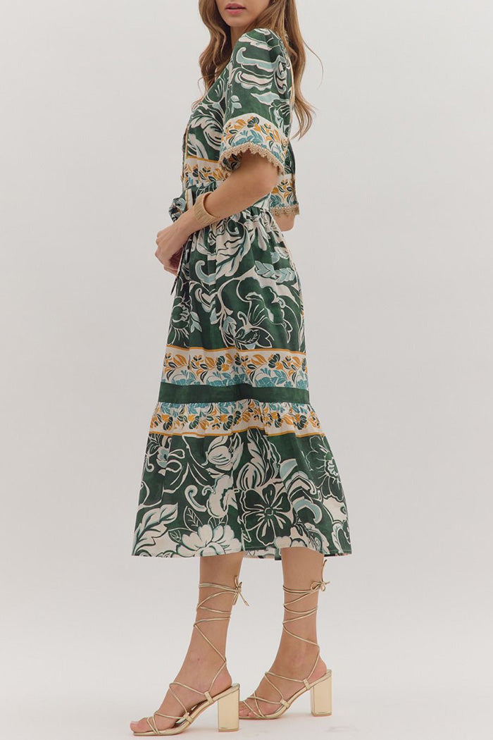 Short-Sleeve Belted Pocketed Floral Midi Dress