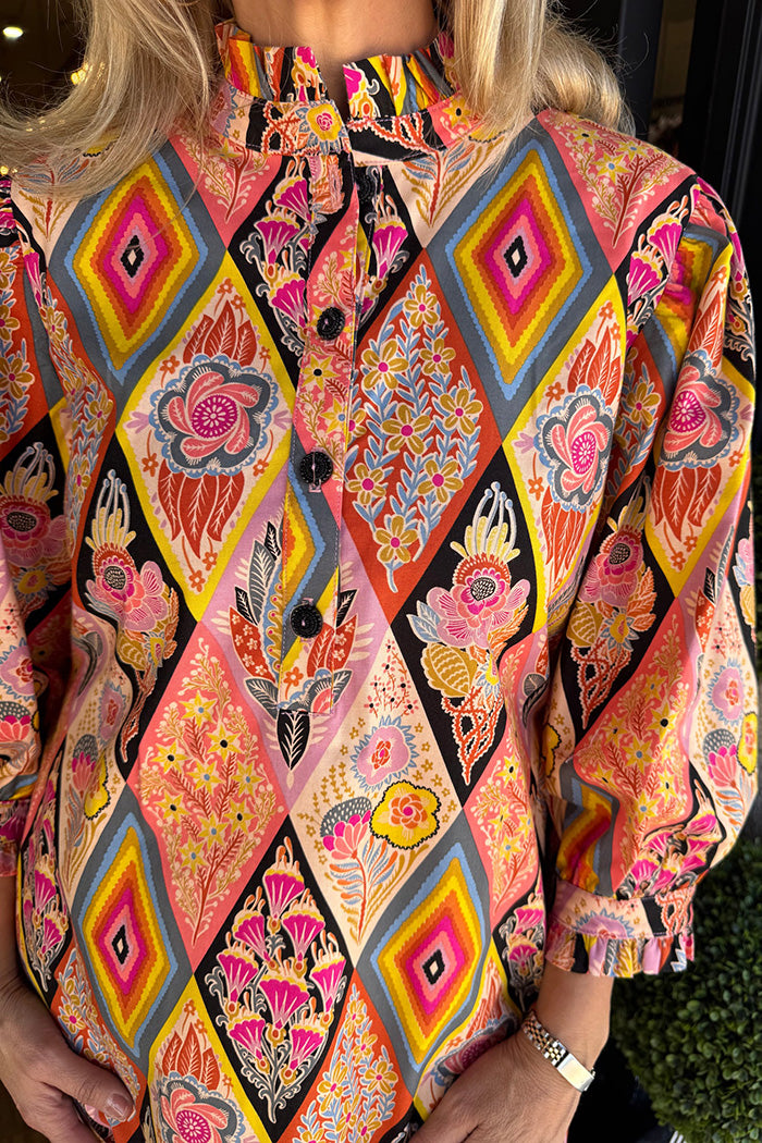 Ruffle Neck Rhombus Print Puff Sleeve Dress