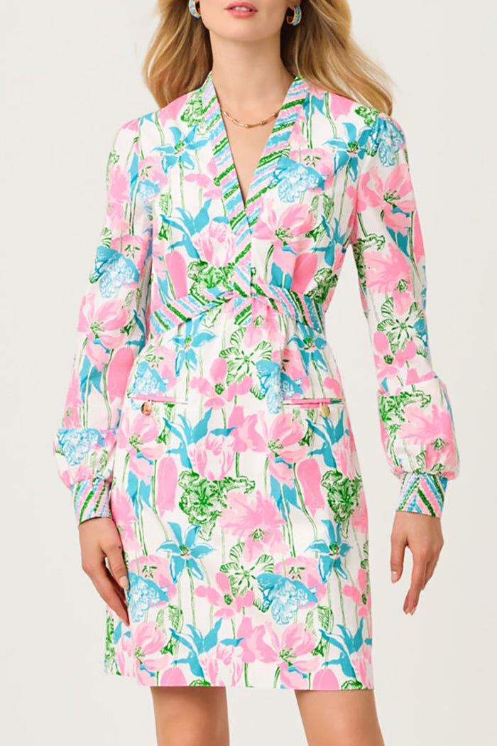 Long Sleeve Belted Pocket Floral Dress