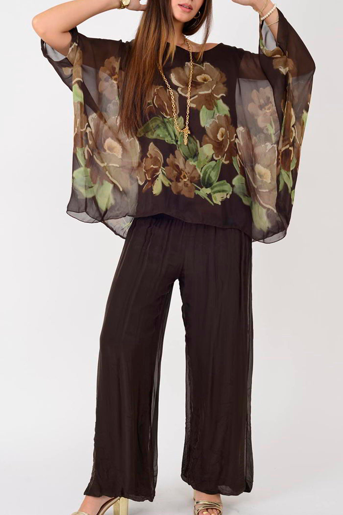 Vintage Floral Batwing Top Wide Leg Pant Set