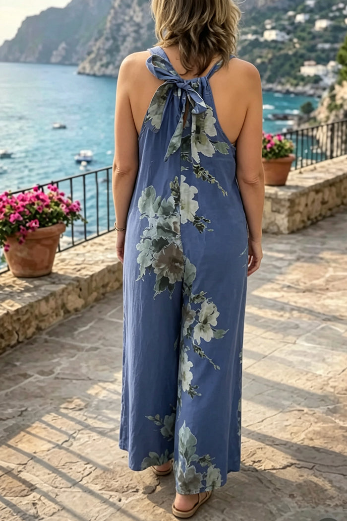 Sleeveless Tie-Back Floral Pocket Jumpsuit