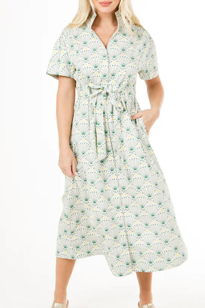 Belt Fan Print Pocket Shirt Dress
