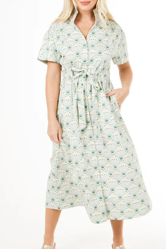 Belt Fan Print Pocket Shirt Dress