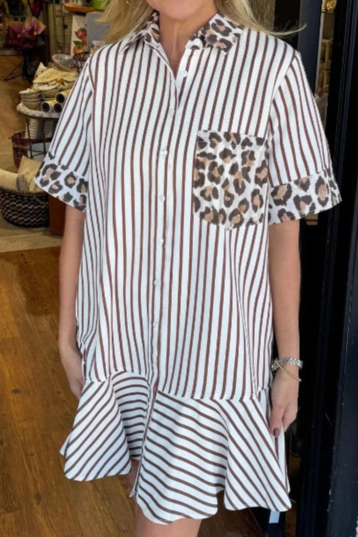 Striped Leopard Patch Shirt Dress