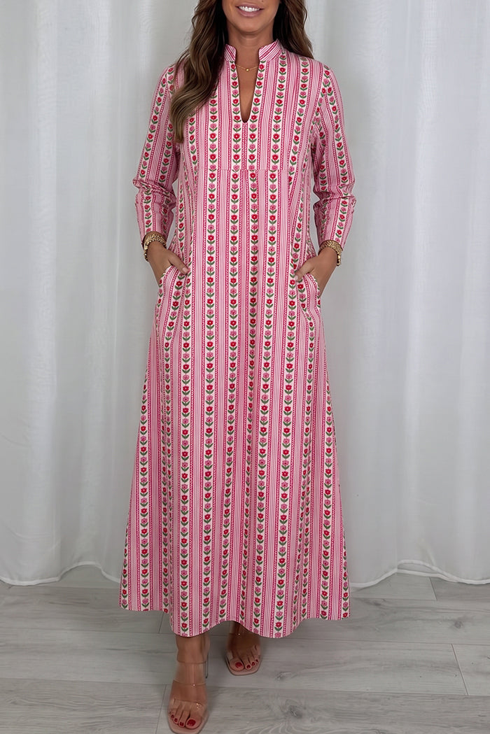 Pink Striped Floral Pocket Maxi Dress