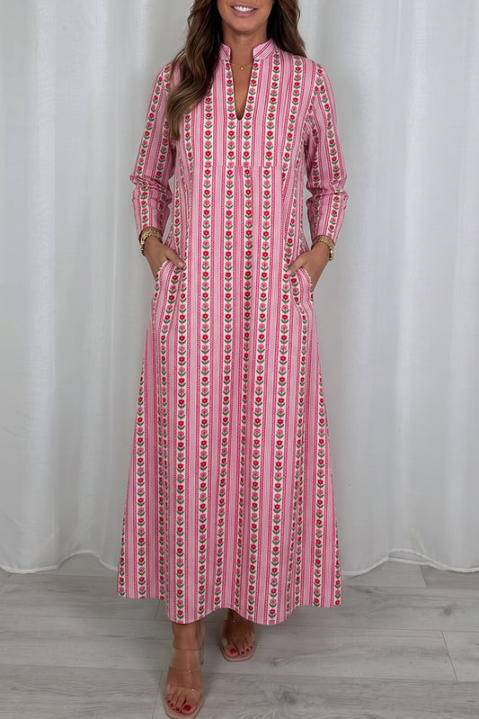 Pink Striped Floral Pocket Maxi Dress